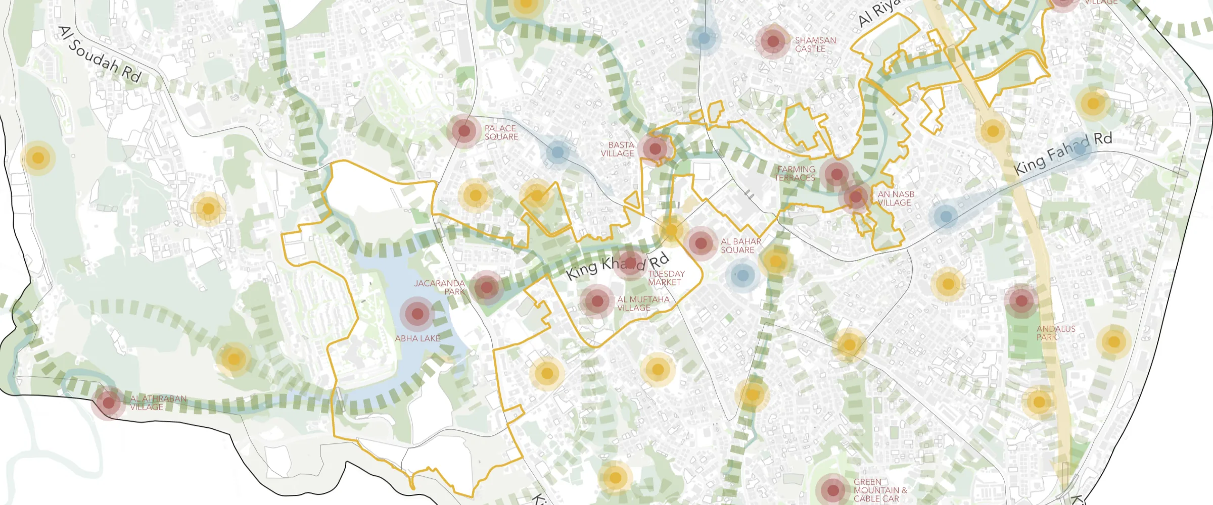Urban analysis map of central Abha showing centres, corridors and green systems