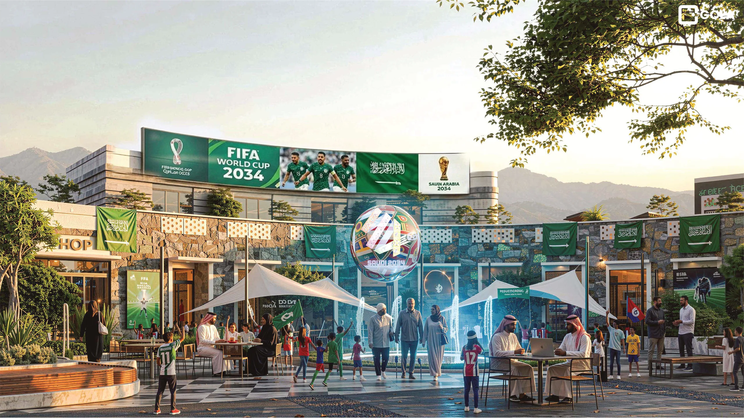 Fan node plaza with large screen and outdoor cafe seating during a tournament