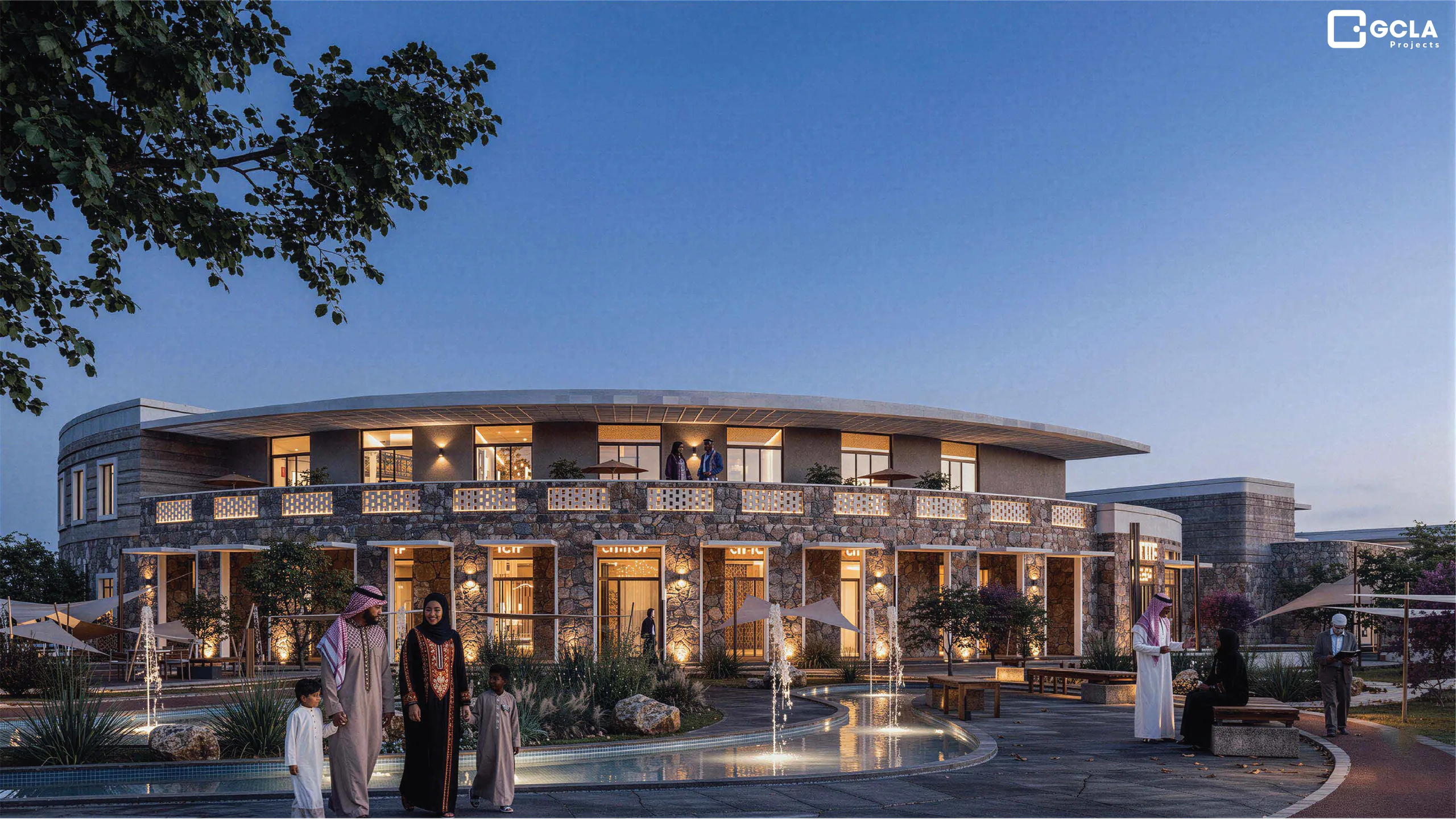 Renovated building with layered stone facade at dusk