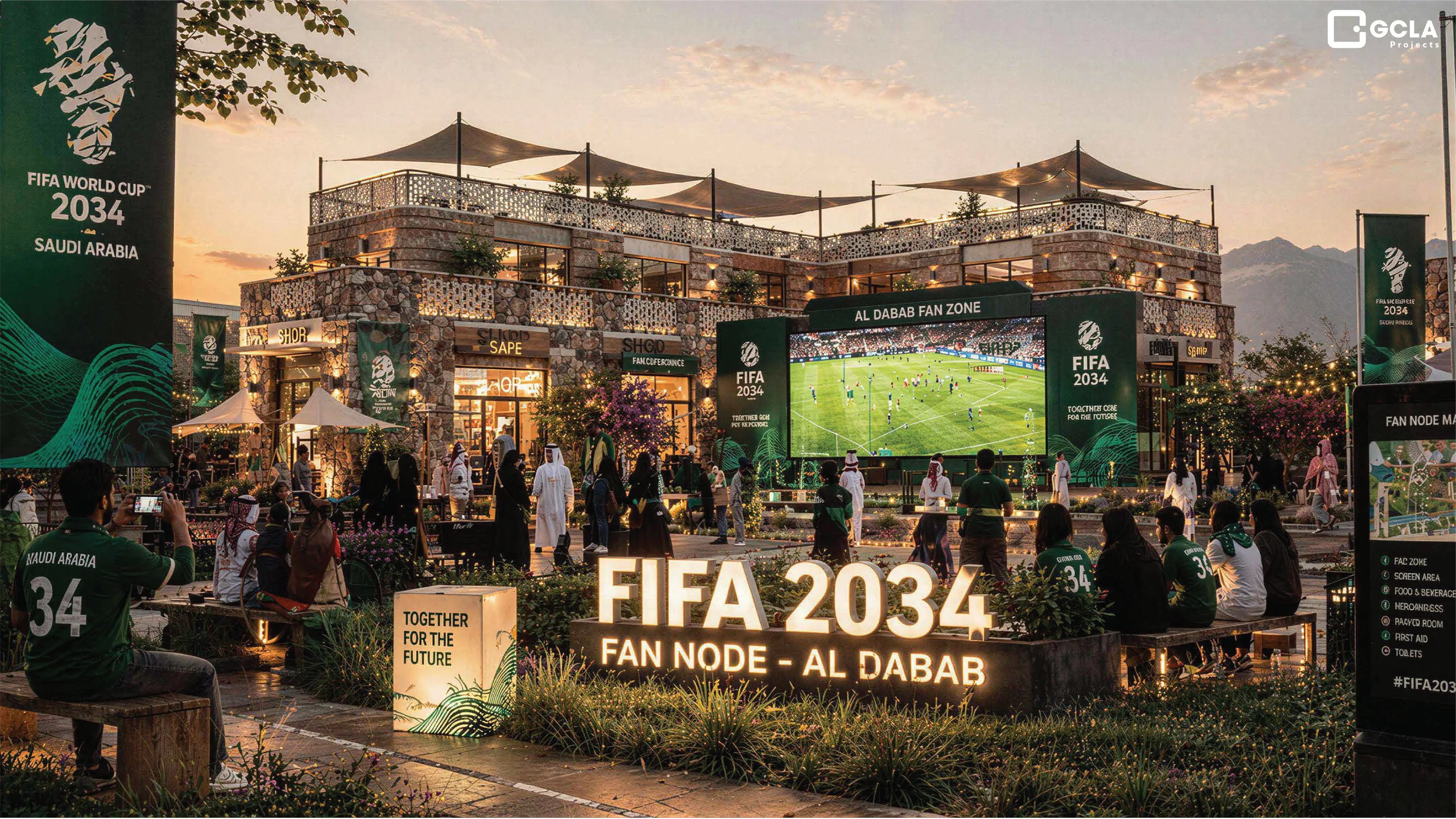 Al Dabab fan node with tensile shading, screen wall and terraced seating at dusk