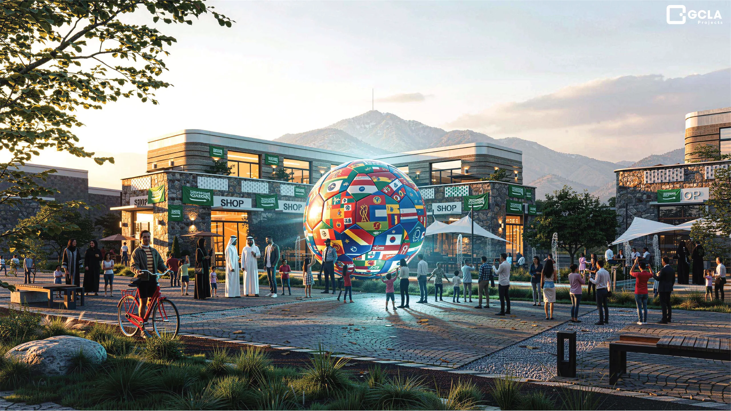 Public plaza with globe sculpture, retail frontages and mountain backdrop
