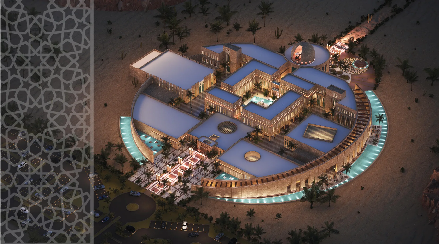 Observatory complex illuminated at night